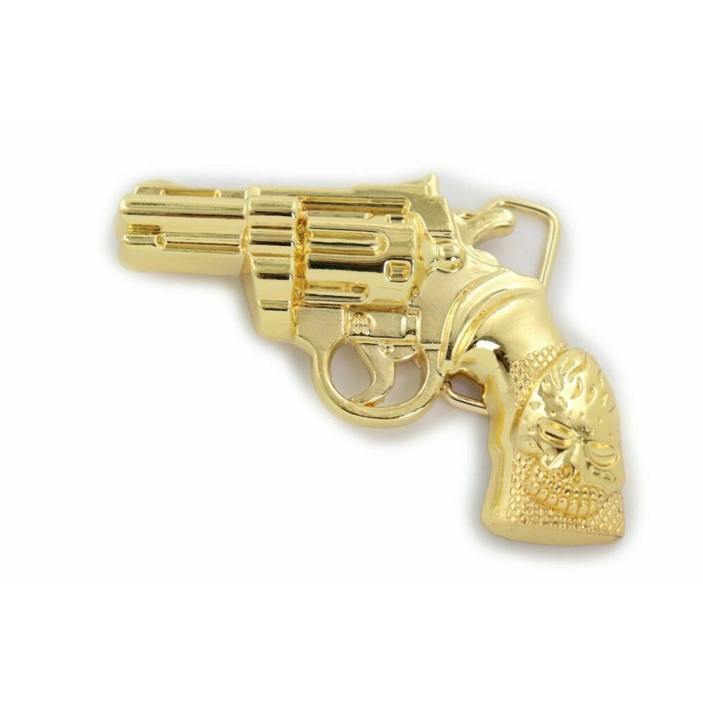 New Men Buckle Gold Metal Western Cowboy Pistol Revolver Gun Weapon Skull Flames